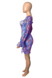 Red Fashion Sexy Print See-through Backless Off the Shoulder Long Sleeve Dresses
