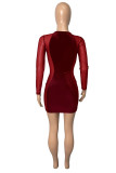 Red Fashion Sexy Patchwork See-through O Neck Long Sleeve Dresses