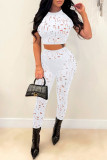 Orange Sexy Solid Ripped Patchwork O Neck Short Sleeve Two Pieces