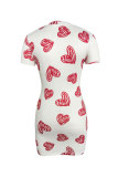 White Fashion Casual Print Basic V Neck Short Sleeve Dress