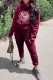 Burgundy Fashion Casual Geometric Letter Hooded Collar Long Sleeve Two Pieces