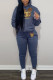 Tibetan Blue Fashion Street Print Patchwork Hooded Collar Long Sleeve Two Pieces