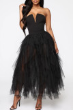 Black Sexy Solid Patchwork Asymmetrical Strapless Ball Gown Dresses