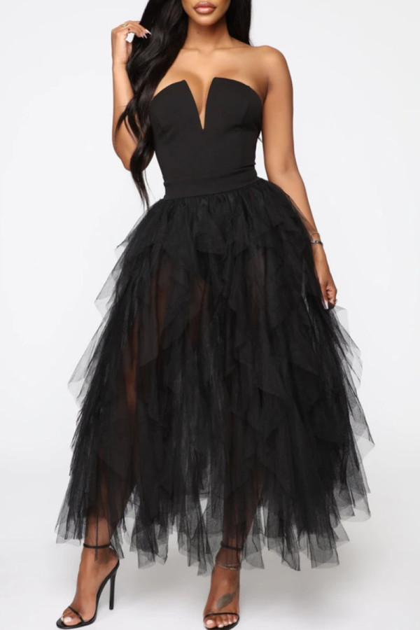 Black Sexy Solid Patchwork Asymmetrical Strapless Ball Gown Dresses