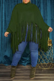 Army Green Fashion Casual Solid Tassel Split Joint Turtleneck Plus Size Tops