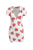 White Fashion Casual Print Basic V Neck Short Sleeve Dress