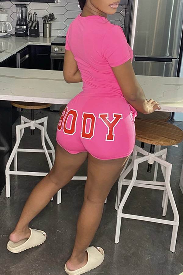 Pink Fashion Casual Letter Print Basic O Neck Short Sleeve Two Pieces