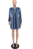 Light Blue Casual Solid Patchwork V Neck Cake Skirt Dresses