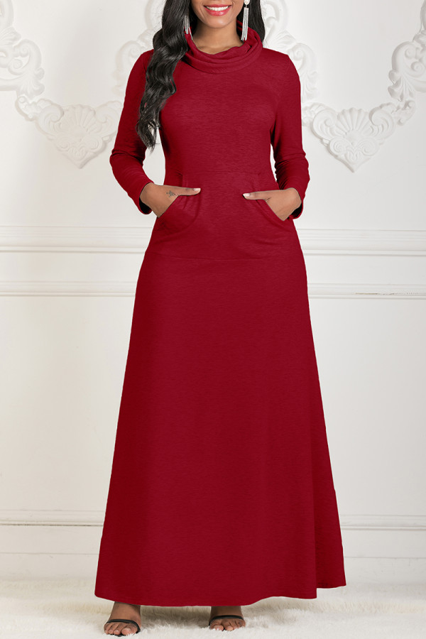 Red Fashion Casual Solid Basic Turtleneck Long Sleeve Dresses