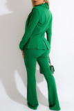 Green Fashion Casual Solid Hollowed Out Patchwork Long Sleeve Two Pieces