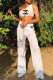 White Fashion Street Print Patchwork One Shoulder Sleeveless Two Pieces