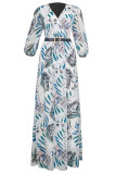Green Fashion Casual Print With Belt V Neck Long Sleeve Plus Size Dresses