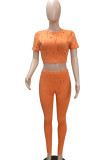 Orange Sexy Solid Ripped Patchwork O Neck Short Sleeve Two Pieces