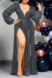 Grey Sexy Solid Patchwork V Neck Irregular Dress Dresses