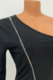 Black Sexy Solid Split Joint Zipper Oblique Collar Dresses