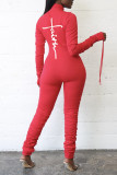 Red Fashion Casual Print Fold Zipper Collar Skinny Jumpsuits