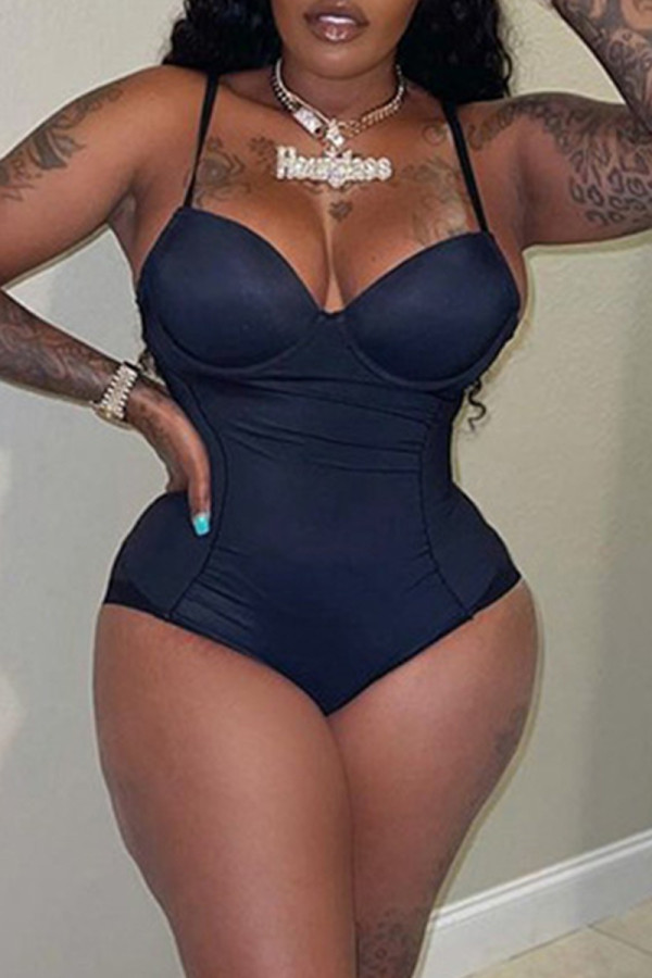 Blue Fashion Sexy Solid Backless Spaghetti Strap Skinny Romper