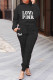 Black Fashion Casual Letter Print Basic Hooded Collar Long Sleeve Two Pieces