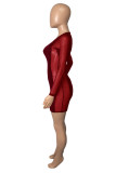 Red Fashion Sexy Patchwork See-through O Neck Long Sleeve Dresses