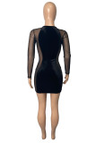 Red Fashion Sexy Patchwork See-through O Neck Long Sleeve Dresses