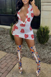 White Fashion Casual Print Basic V Neck Short Sleeve Dress