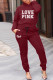 Burgundy Fashion Casual Letter Print Basic Hooded Collar Long Sleeve Two Pieces