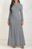 Grey Fashion Casual Solid Basic Turtleneck Long Sleeve Dresses