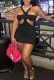 Black Fashion Sexy Solid Hollowed Out Backless V Neck Sleeveless Dress