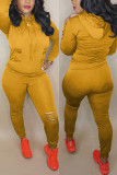 Yellow Fashion Casual Solid Ripped Hooded Collar Plus Size Set
