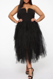 Black Sexy Solid Patchwork Asymmetrical Strapless Ball Gown Dresses