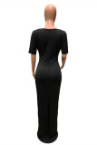 Black Fashion Sexy Solid Hollowed Out Slit Square Collar Short Sleeve Dress