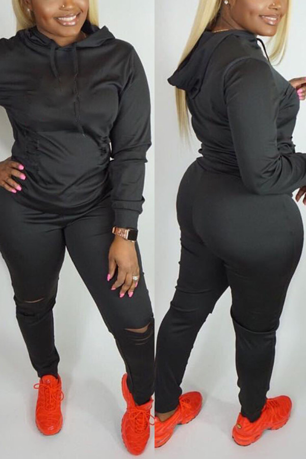 Black Fashion Casual Solid Ripped Hooded Collar Plus Size Set