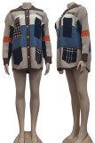 Khaki Casual Print Patchwork Pocket Buckle O Neck Outerwear