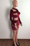 Burgundy Fashion Sexy Patchwork See-through Half A Turtleneck Long Sleeve Dresses