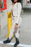 Cream White Sexy Casual Solid Hollowed Out Buttons Turndown Collar Skinny Jumpsuits