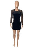 Red Fashion Sexy Patchwork See-through O Neck Long Sleeve Dresses