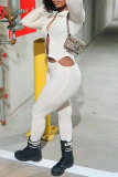 Cream White Sexy Casual Solid Hollowed Out Buttons Turndown Collar Skinny Jumpsuits