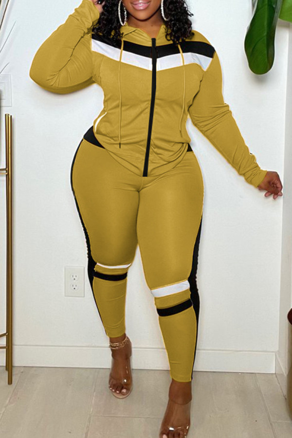 Yellow Fashion Casual Patchwork Basic Hooded Collar Long Sleeve Two Pieces