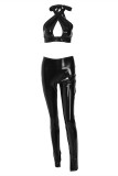 Black Fashion Sexy Solid Bandage Hollowed Out Backless Halter Sleeveless Two Pieces