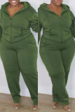 Army Green Fashion Casual Solid Cardigan Pants Hooded Collar Plus Size Two Pieces