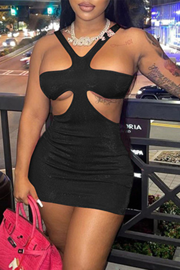 Black Fashion Sexy Solid Hollowed Out Backless V Neck Sleeveless Dress