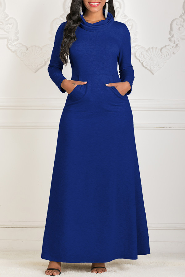 Blue Fashion Casual Solid Basic Turtleneck Long Sleeve Dresses