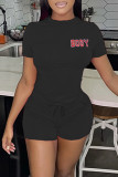 Pink Fashion Casual Letter Print Basic O Neck Short Sleeve Two Pieces