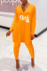 Orange Fashion Casual Letter Print Slit V Neck Long Sleeve Two Pieces