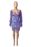 Red Fashion Sexy Print See-through Backless Off the Shoulder Long Sleeve Dresses