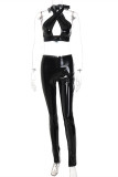 Black Fashion Sexy Solid Bandage Hollowed Out Backless Halter Sleeveless Two Pieces