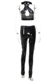 Black Fashion Sexy Solid Bandage Hollowed Out Backless Halter Sleeveless Two Pieces