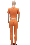 Orange Sexy Solid Ripped Patchwork O Neck Short Sleeve Two Pieces