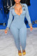 Blue Fashion Sexy Print Patchwork Turndown Collar Jumpsuits