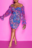 Red Fashion Sexy Print See-through Backless Off the Shoulder Long Sleeve Dresses